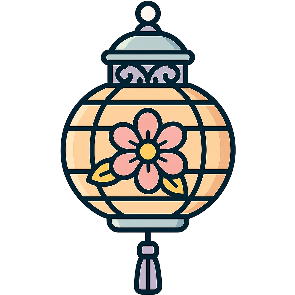 beautiful Chinese lantern with openwork top and floral decor, icon-color-outlined style, thin clean contours, soft rounded shapes, pastel palette #98B5BC, #B5B3C1, #C9A3C9, #E4C0CA, #F7DCD1, #F7C0AA, detailed shadows and highlights, soft lighting, transparent background, eastern style emoji
