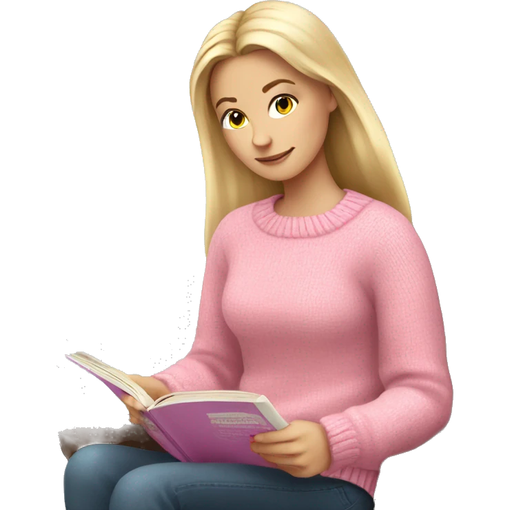 Pretty white girl with pink sweater reading cozy emoji