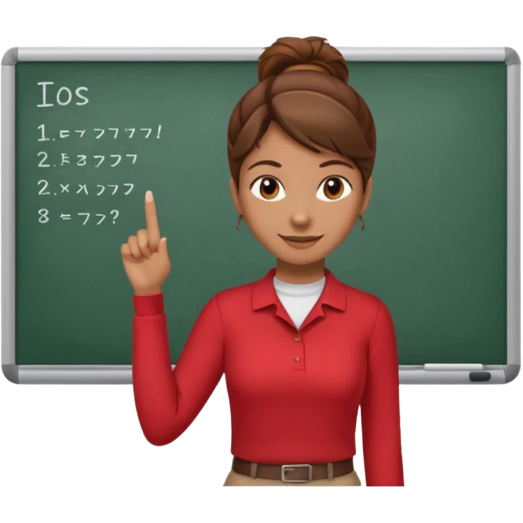 Happy instructor female brown hair whit board hair up red shirt emoji