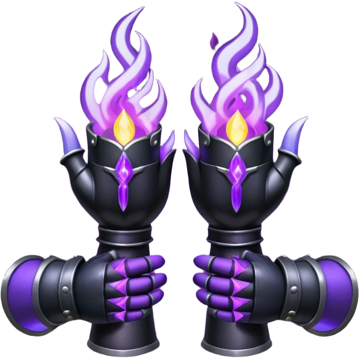 A Discord emoji of a pair of black armored gauntlets holding a flickering violet flame. The hands are positioned as if offering a gift. Dark gothic fantasy, glowing magical effects, high contrast, 2D vector style, white background. emoji