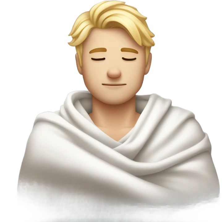 A handsome guy in his 20s with blond hair sleeps on his side with his eyes closed in a white T-shirt and a blanket emoji
