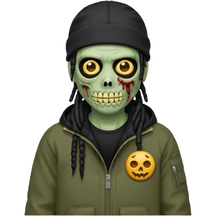 a zombie emoji with black dreads and a black carheartt jacket and black nike ski mask on his head emoji