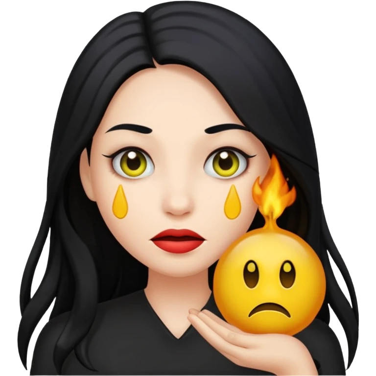 A woman with long black hair holding a toxic emoji emoji