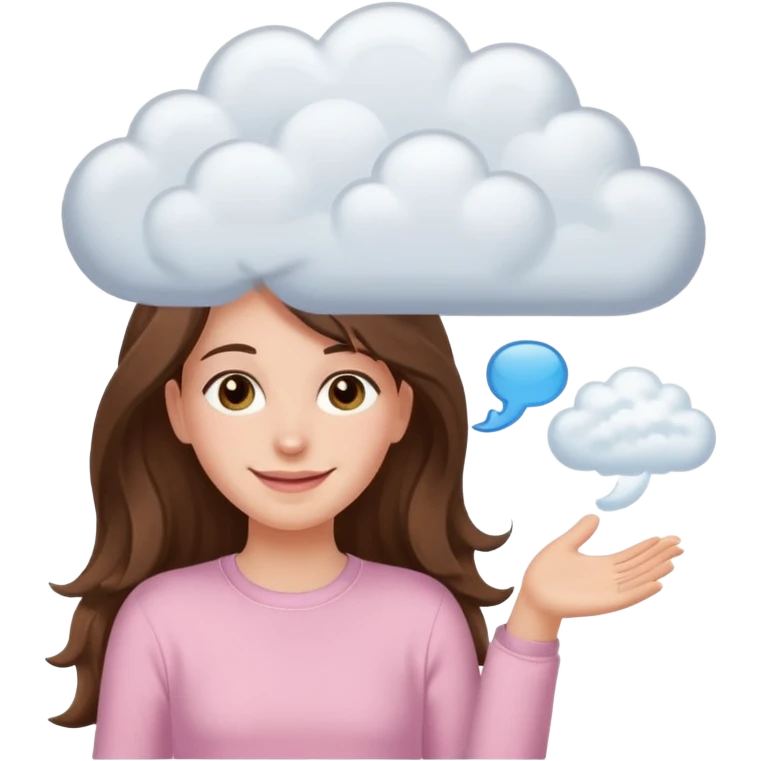 happy white long brunette hair girl with hazel eyes in light pink with white cloud thought bubble emoji