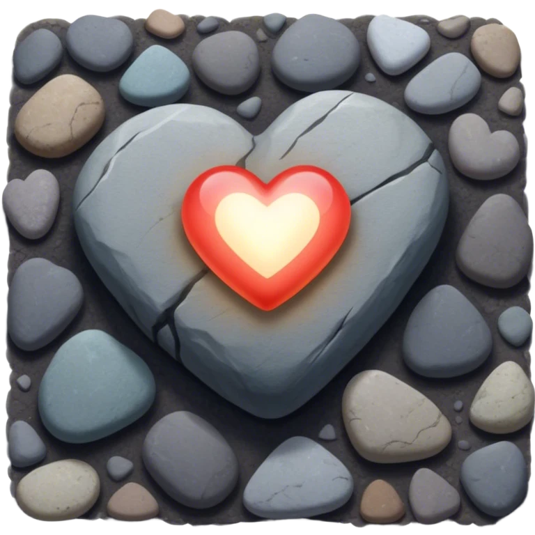 A glowing heart-shaped rock lying on a sidewalk, partially hidden among other stones. A hand is reaching toward it, as if discovering a sign meant just for them. —meaningful signs appearing when you open your mind to them. emoji