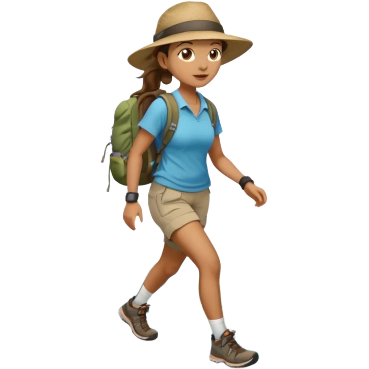 Create an emoji of a woman, hiking in shorts, trekking sneakers with a backpack and a wide broom hat and a brown ponytail emoji