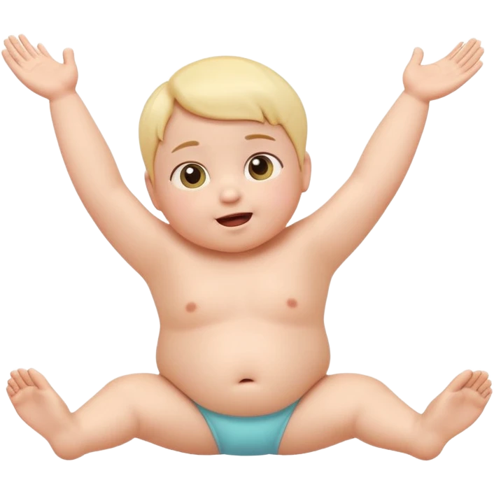 Cute 3D baby emoji with fine baby hair, stretching arms and legs wide, surprised but neutral expression, relaxed posture, chubby infant proportions, pastel colors, clean background, emoji-style illustration emoji