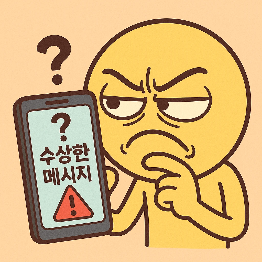 cartoon emoticon character with a suspicious expression, squinting at a smartphone, phone shows a message with Korean text '수상한 메시지' or '경고!', a big question mark, and a red exclamation mark, flat, bright, simple, pastel background, 360x360px, PNG emoji