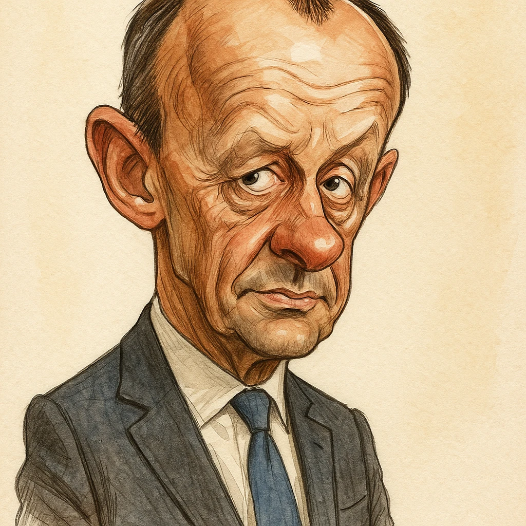Friedrich Merz, German politician, in a suit, caricature style, exaggerated features emoji