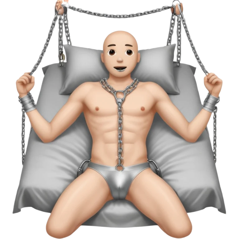 Male tied to bed on his back bdsm bondage, wearing chastity cage emoji
