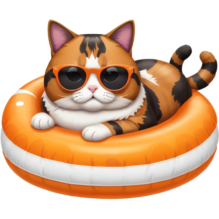Fat calico cat with dark sunglasses lying on a pool floatie emoji