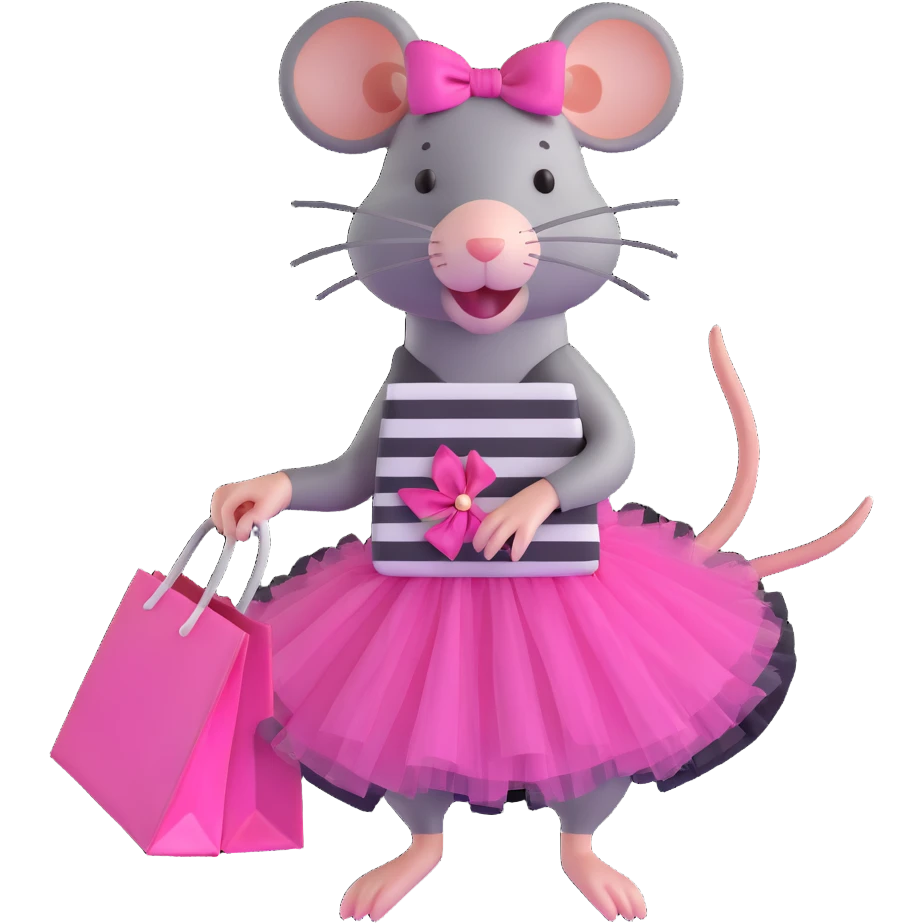 rat with a pink dress and tutu holding a black and white striped shopping bag emoji