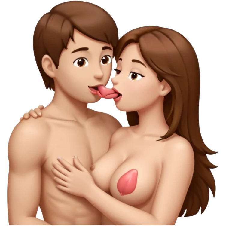 boy and girl with brown hair and big breasts and tongue kissing no clothes touching nipples and stroking penis emoji