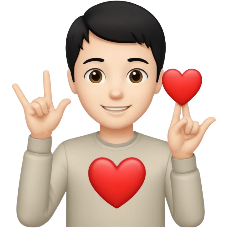 White boy with black hair holding up heart hand signal emoji