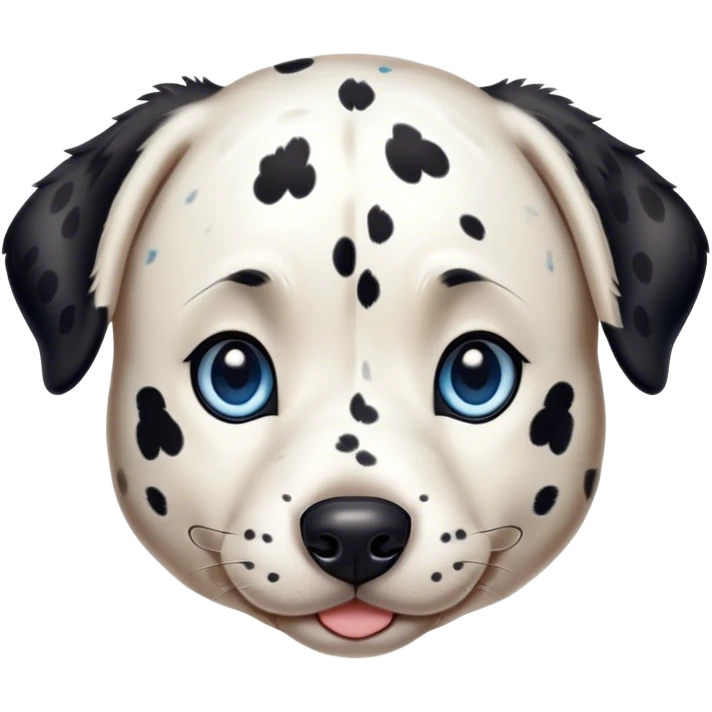 Cinematic Cute Spotted Dalmatian Portrait Emoji, Head tilted playfully and inquisitively, featuring a glossy Fur of predominantly white with dynamic black patches, round, sparkling blue eyes filled with gentle curiosity, Simplified yet irresistibly adorable features, highly detailed, glowing with a warm, friendly glow, high shine, affectionate and gentle, stylized with a touch of whimsy, bright and endearing, soft glowing outline, capturing the essence of a mischievous yet loving pup, so playful it feels like it could lumber out of the screen and into your arms! emoji