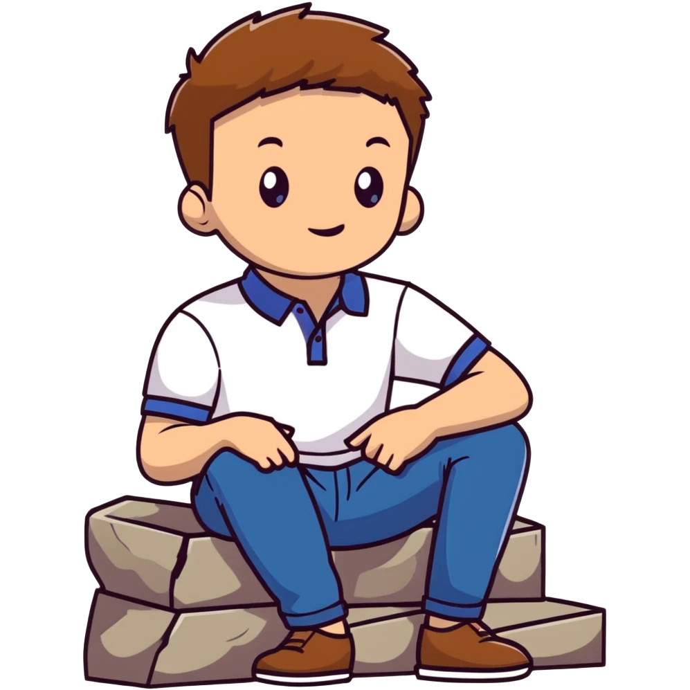 Young man with light skin and short brown hair sitting on stone steps, wearing white polo shirt with blue details and jeans emoji