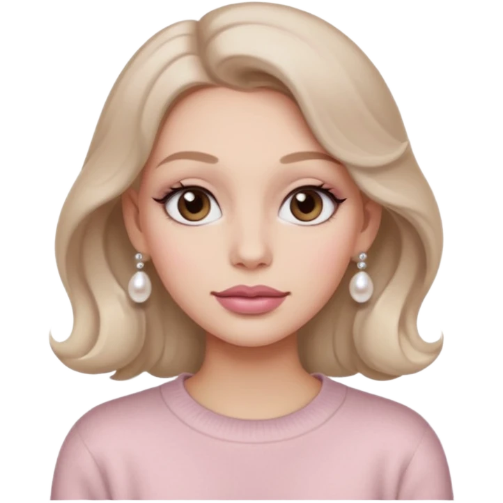 “Emoji girl, soft matte skin, neutral taupe eyeshadow, light rose lips, subtle contour, pearl earrings, loose waves, wearing cream cashmere sweater.” emoji