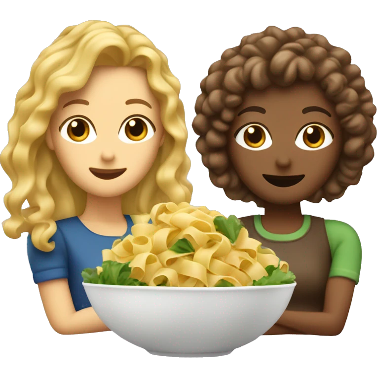 2 women, one with straight blonde hair and the other with brown curly hair. Pasta and salad in front of them emoji