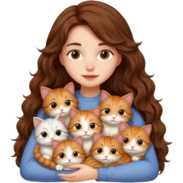 girl with long wavy brown hair cuddling with 6 cute cats emoji