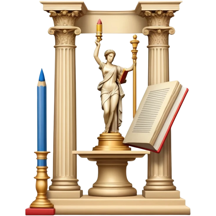 An icon featuring a paint palette, a sculpture, and a book, symbolizing the study of culture and art. The design includes a classical column and a canvas, representing art history and cultural exploration. Transparent background highlights the connection between creativity and history. emoji