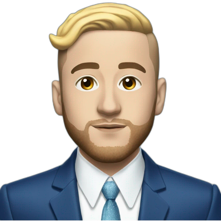 mac miller with a blonde comb over skin fade wearing a blue suit diamond necklace emoji