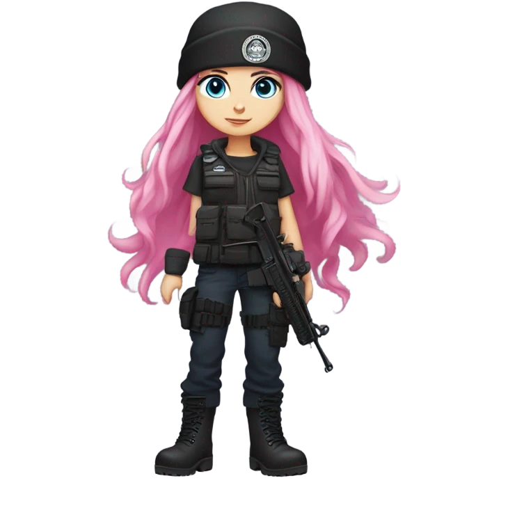 girl, white skin, tactical vest, dark pants, long pink hair, blue eyes, black beanie hat with crescent moon on front, black combat boots, gun emoji