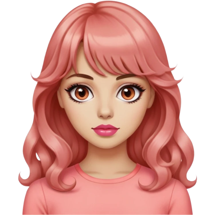 pretty woman, popular mean girl, light tan skin, big black eyes, long wavy auburn hair, bangs, pink top, coral lipstick emoji