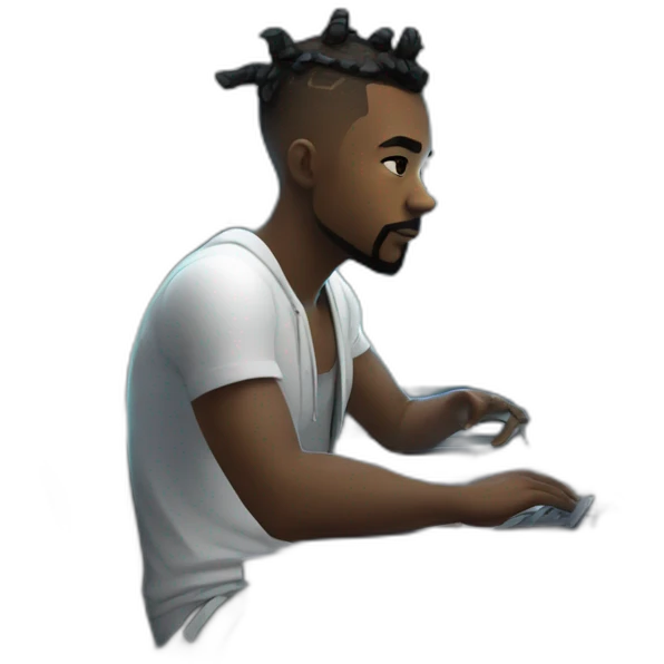 a male is doing coding at his cyberpunk room, there is a code at his monitor emoji