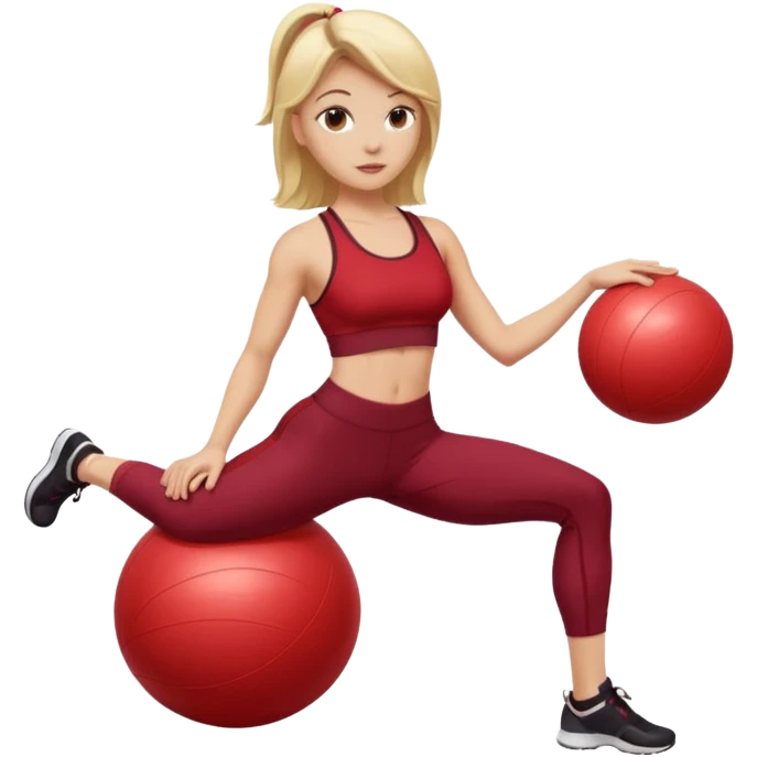 A blonde white Pilates girl in dark red clothes with fitness ball emoji