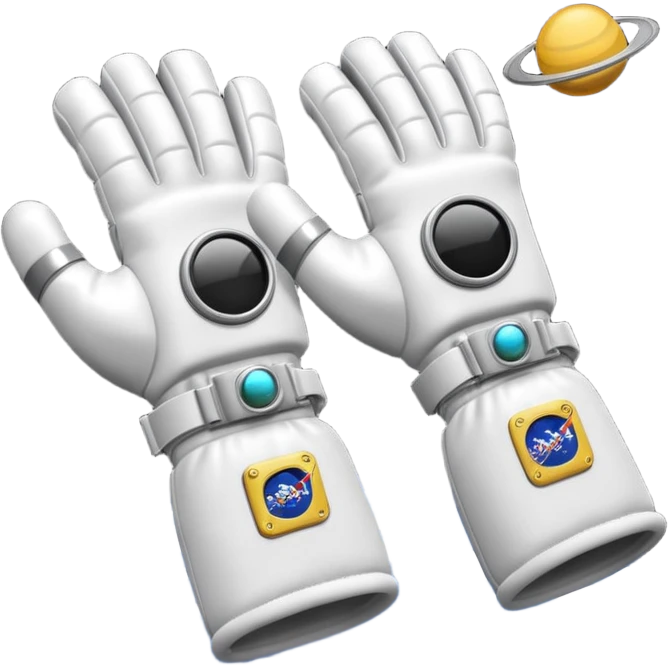 white pressurized astronaut gloves with metal wrist rings floating in space, 3D emoji style emoji