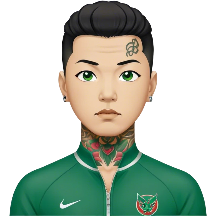 Jang Deok-su , Age: Late 50s
Appearance: A fierce man with tattoos, A large, have a tattoo on his neck.
Outfit: Green player tracksuit emoji