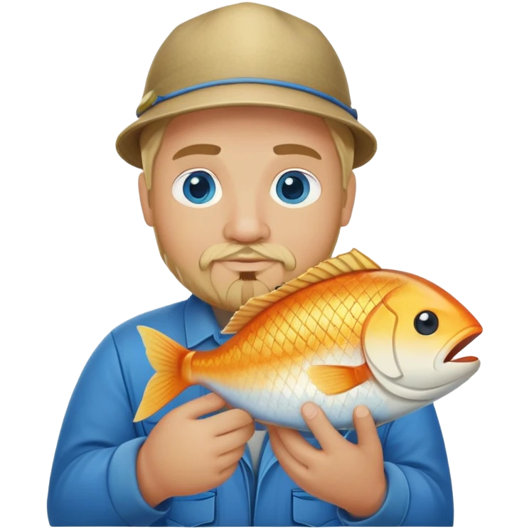 Pêcheur blond avec bouc  grassouillet yeux bleus et présentant poisson emoji