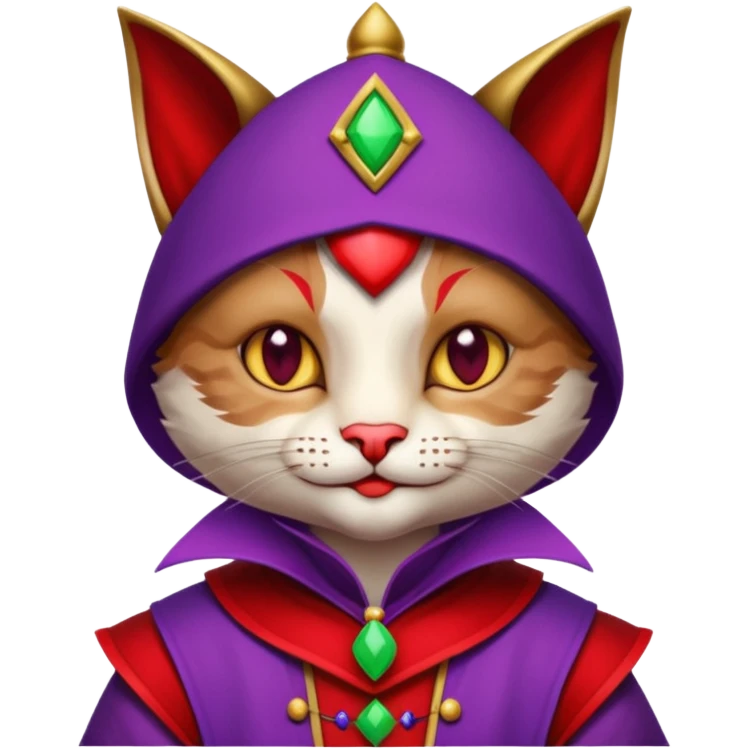 crazy colorful cute little cat jolly joker from poker, medieval, vintage, court jester, mac os icon, purple and red color, half body emoji