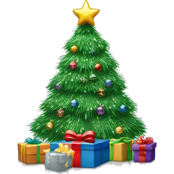 christmas tree covered in tinsel with monochromatic wrapped presents underneath emoji