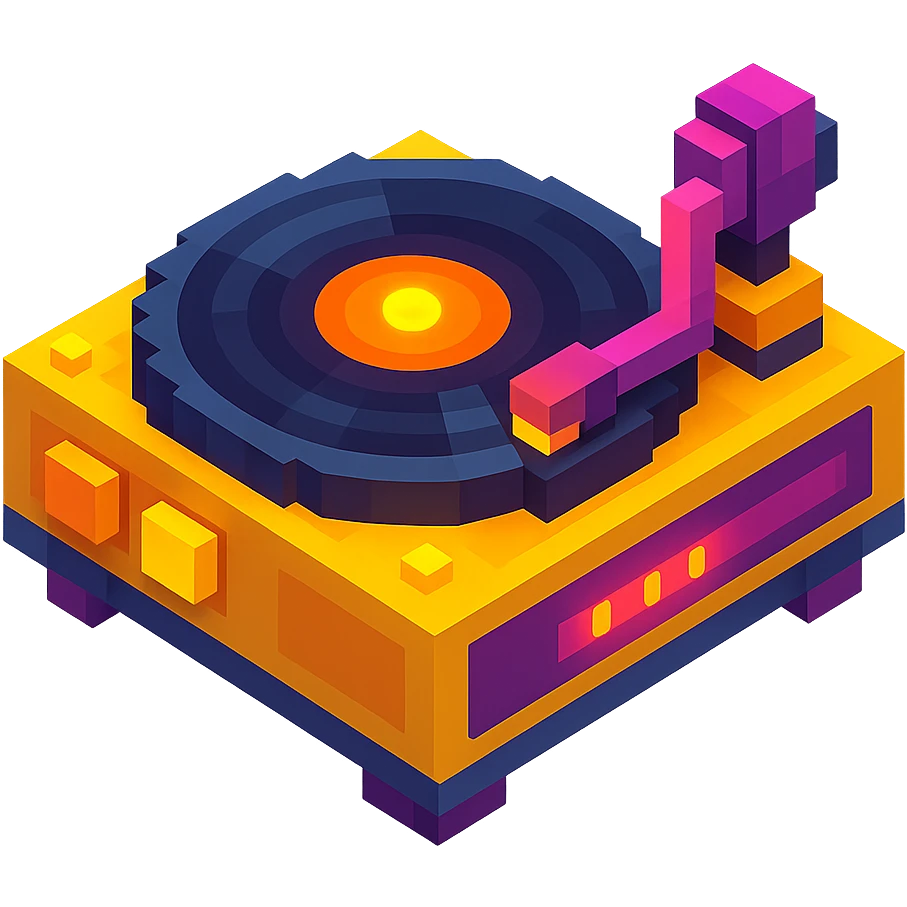 record player with a spinning vinyl, glowing details, and a retro aesthetic emoji