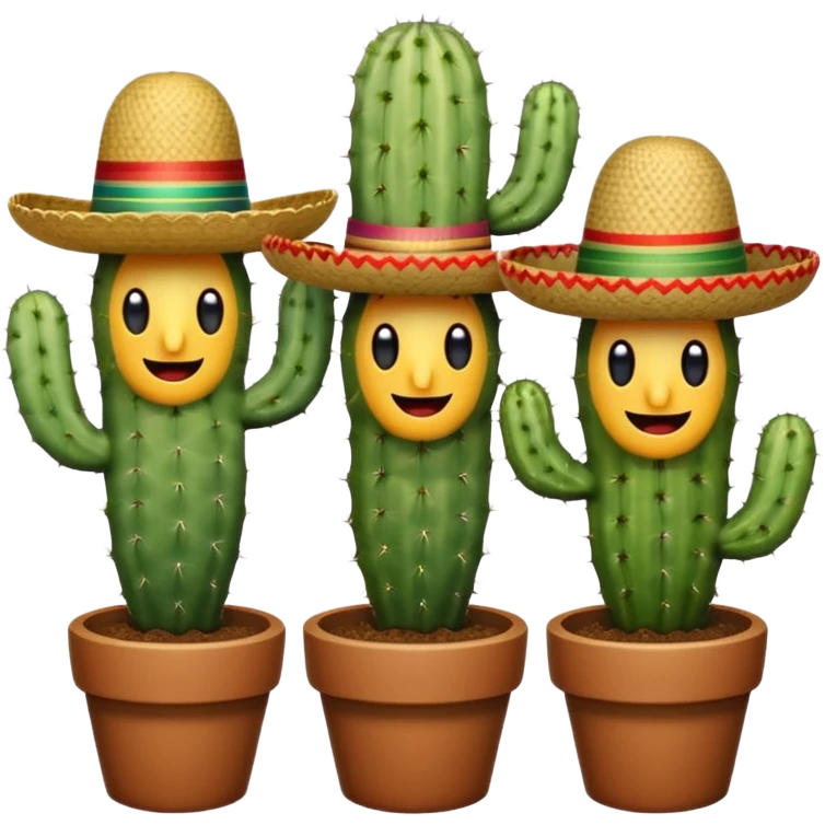 three cactuses side by side, each with different colored Mexican hats, one cactus cheeky grin, one smiling, one surprised, bright playful emoji style emoji