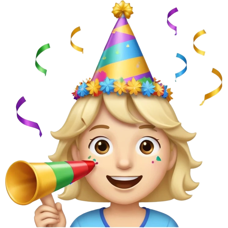 smiling face wearing a party hat, blowing a party horn, with confetti around emoji