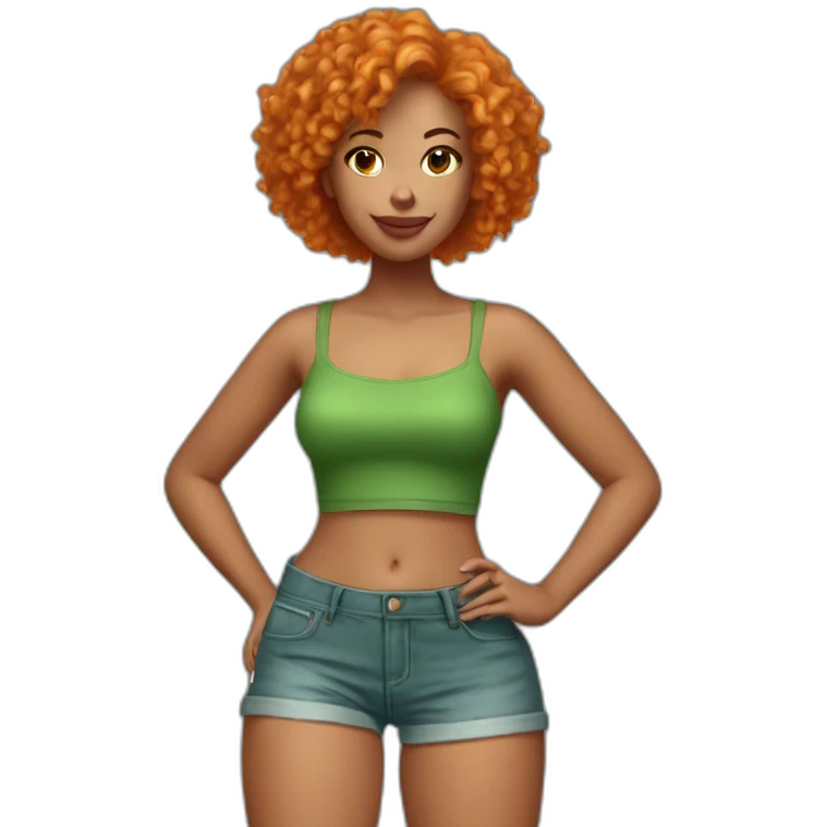 Woman with short orange Curly hair wearing a green tube top and Jean shorts emoji