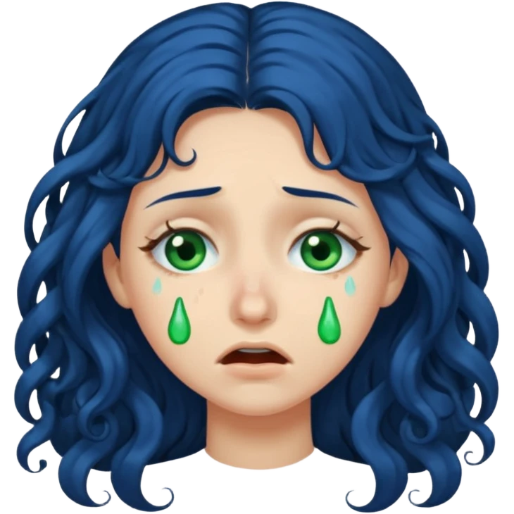 Girl with long  curly dark blue hair, green eyes, and very fair skin.crying emoji