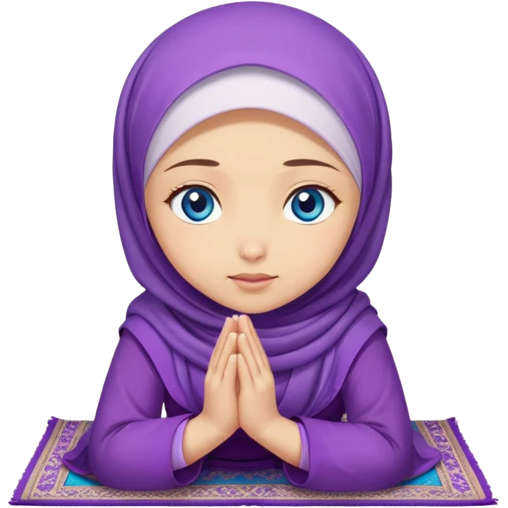 Turkish beautiful finish Konya islamic girl blue eyes with hijab and purple dress praying on pray mat  emoji