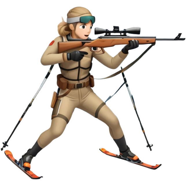 An icon showing a snowy landscape with pine trees, mountains, and a clear sky with a biathlete aiming a rifle in the foreground, wearing winter gear and skis. Transparent background emphasizes the precision, endurance, and beauty of this winter sport. emoji