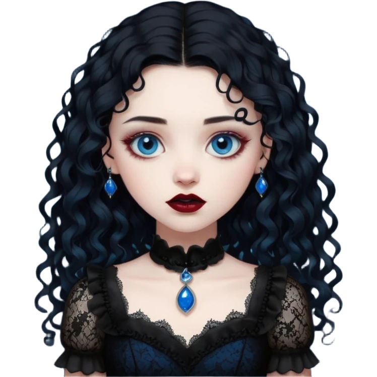 A girl with a dark red goth vampire look in a black goth lace dress with long sleeves longer black curly hair emoji