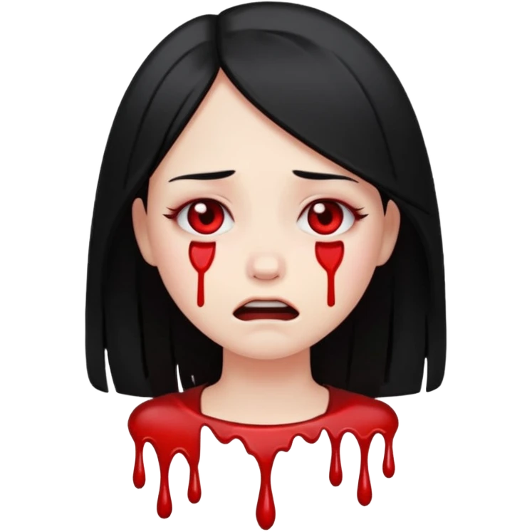 pale girl with black straight hair, crying blood, emoji style emoji