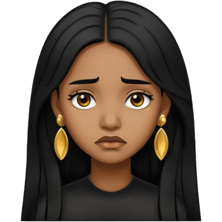 medium brown skin tone girl who has long layered black hair with gold stud earrings  who is sad  emoji