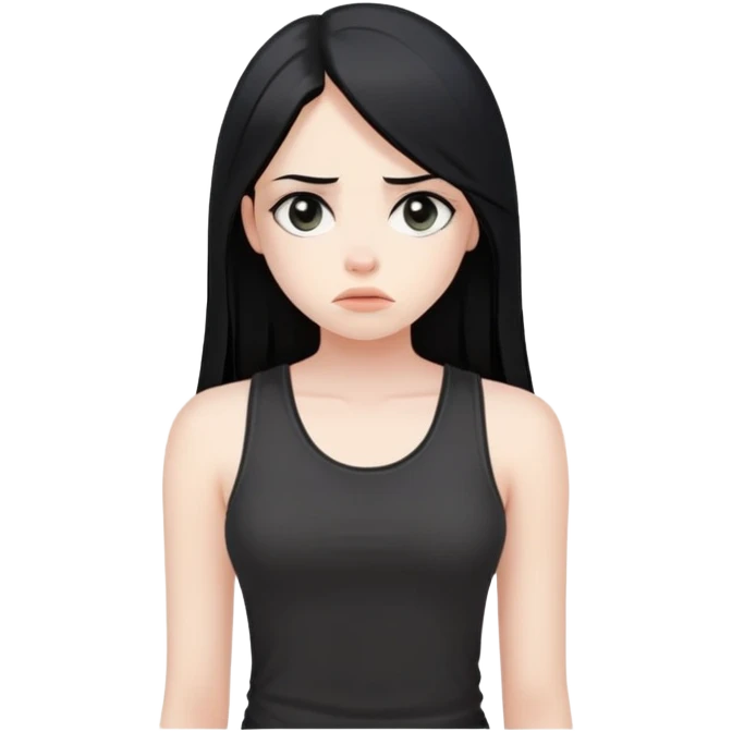 girl with long straight black hair, pale skin, dark eyes, black tank top, bored expression emoji