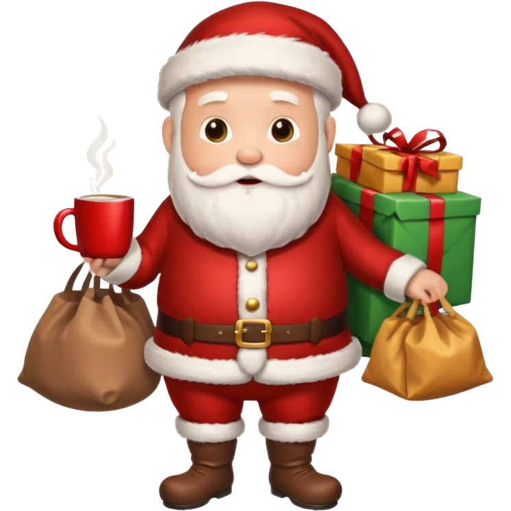 Санта клаус с мешком подарков за спиной и кружкой какао в руке emoji