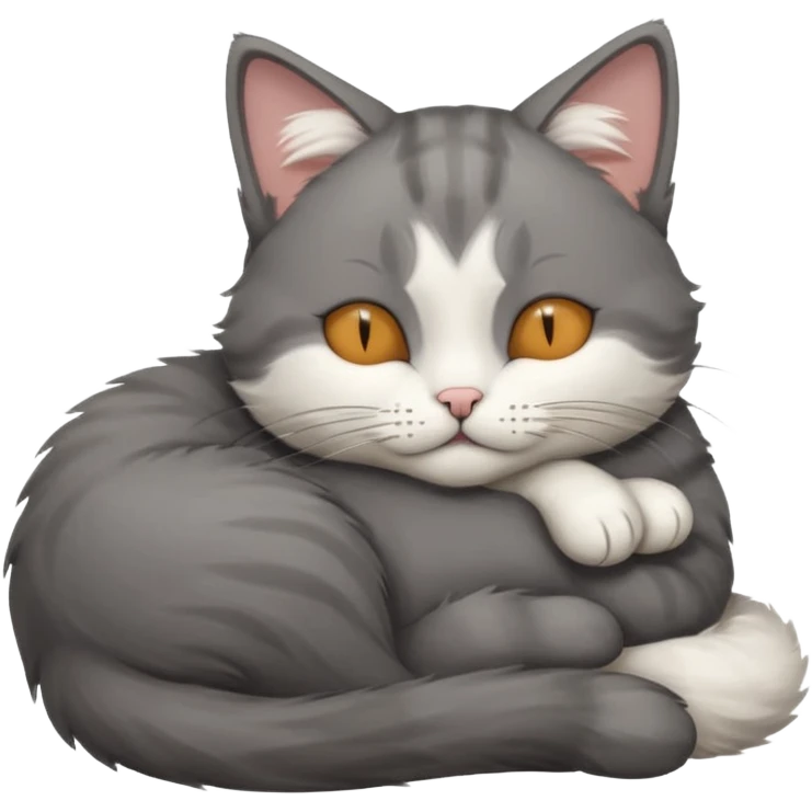 dark grey and white small cat with eyes closed, leaning his head on his paw while leaning on his elbow lying down emoji