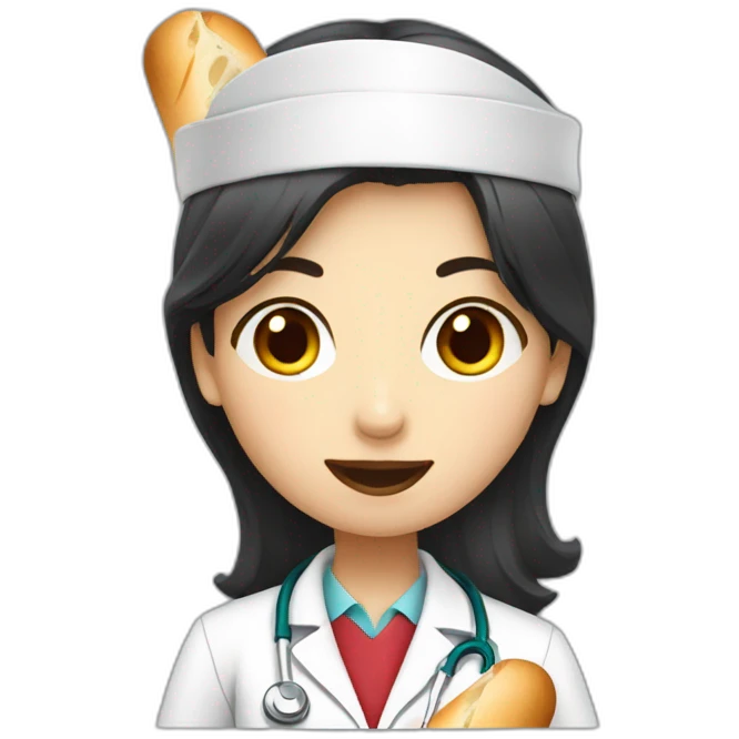 dark hair doctor girl eating french baguette emoji
