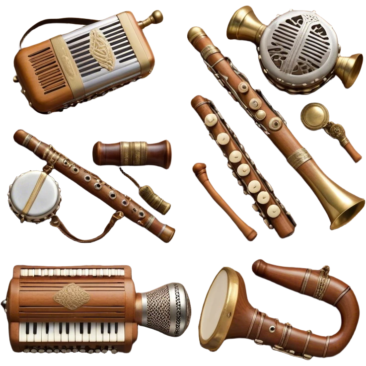Create a colorful and cultural humanless emoji representing folk singing. The design should feature a collage of flowing design around a vintage microphone and traditional folk instruments, such as a wooden flute (dudka), a button accordion (harmon), a set of gusli, and a tambourine (buben), all arranged in a harmonious. The instruments should have earthy, natural tones like wood browns, brass accents, and vibrant colors reflecting their folk origins. Add subtle musical notes to tie the elements together, symbolizing the power of folk music. The background should be transparent. emoji