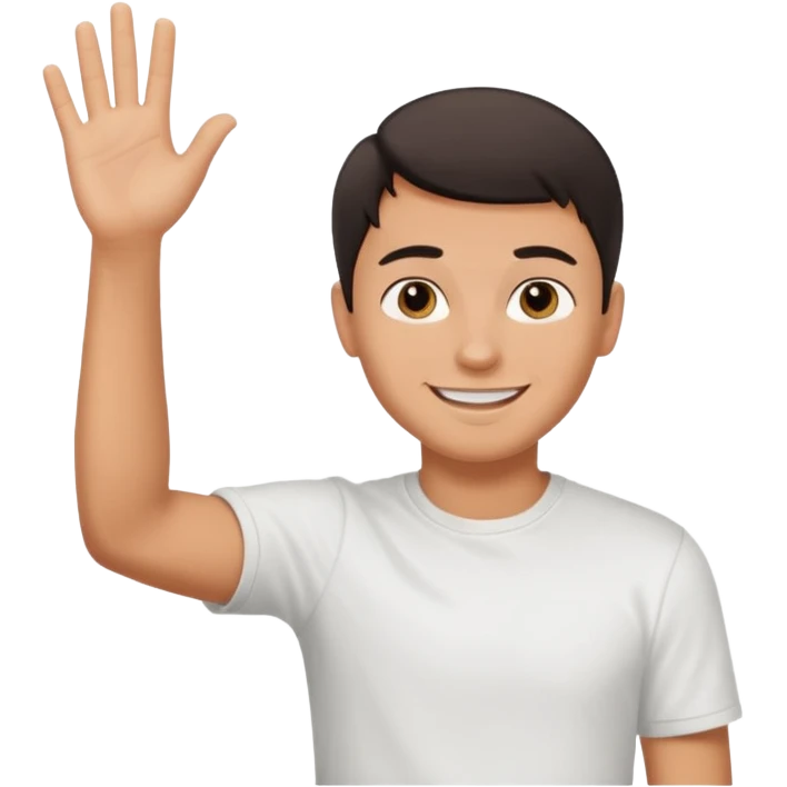 joven bronceado pelo oscuro muy cortito polera blanca sonrisa bonita saludando mano arriba emoji